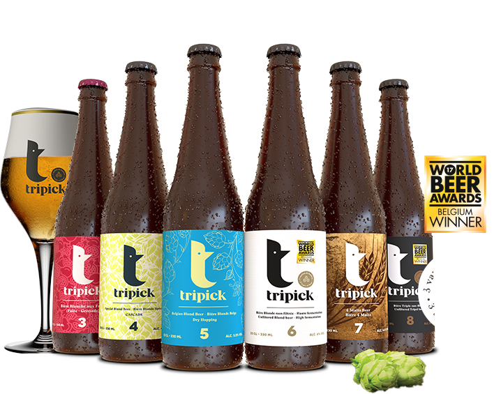 Bouteilles de bières blondes belges Tripick 6° et Tripick 8° et verre à bière