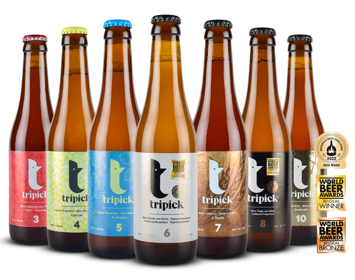 Bouteilles de bières blondes belges Tripick 6° et Tripick 8° et verre à bière